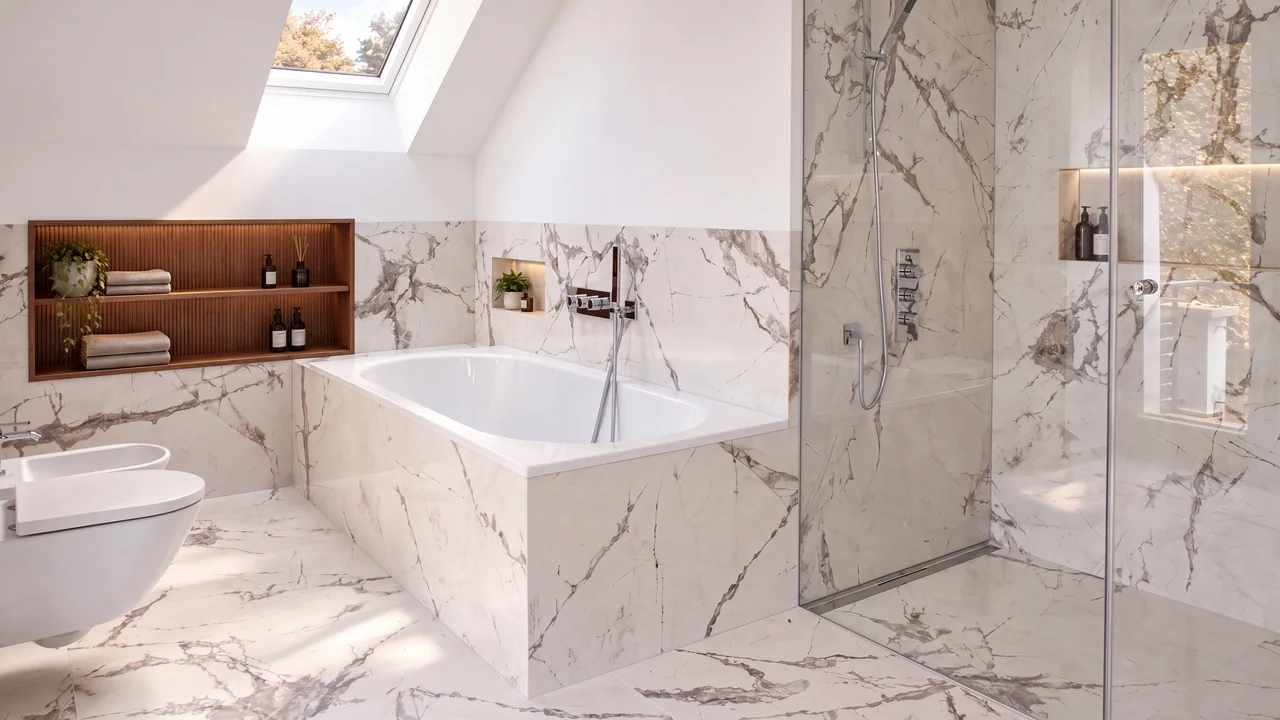 Einrichtungsvorschlag für ein Bad mit Wanne unter dem Dachfenster, gläserner Dusche und hellen, stark gemaserten Flächen in Marmoroptik.
