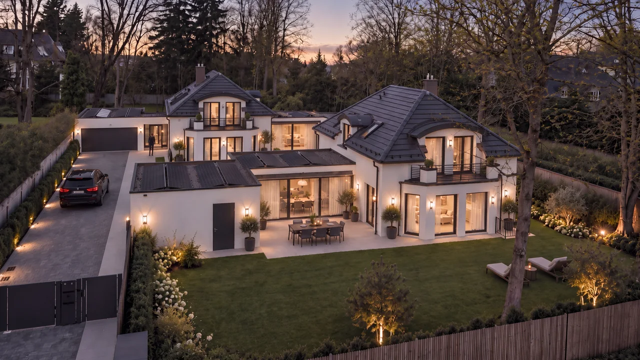 Visualisierung beider Villen aus erhöhter Perspektive mit Bäumen, Gärten und seitlicher Zufahrt; angeboten wird Haus 2 hinten links, nicht die vordere Villa.