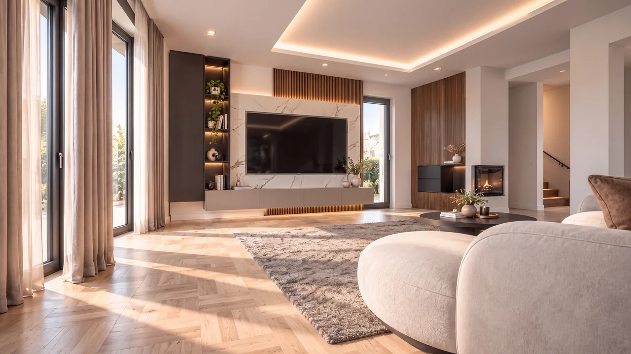 Einrichtungsvorschlag des Wohnraums mit Sofa rechts, großem Teppich, Fensterfront links, TV-Wand, Kamin, warmer Beleuchtung und Parkettboden.