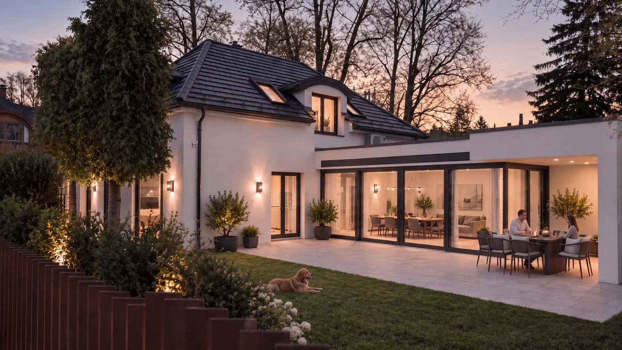 Visualisierung der Gartenseite am Abend mit Terrasse, breiter Glasfront, warm beleuchteten Innenräumen, Rasen, Gartenbepflanzung und einer Sitzgruppe.